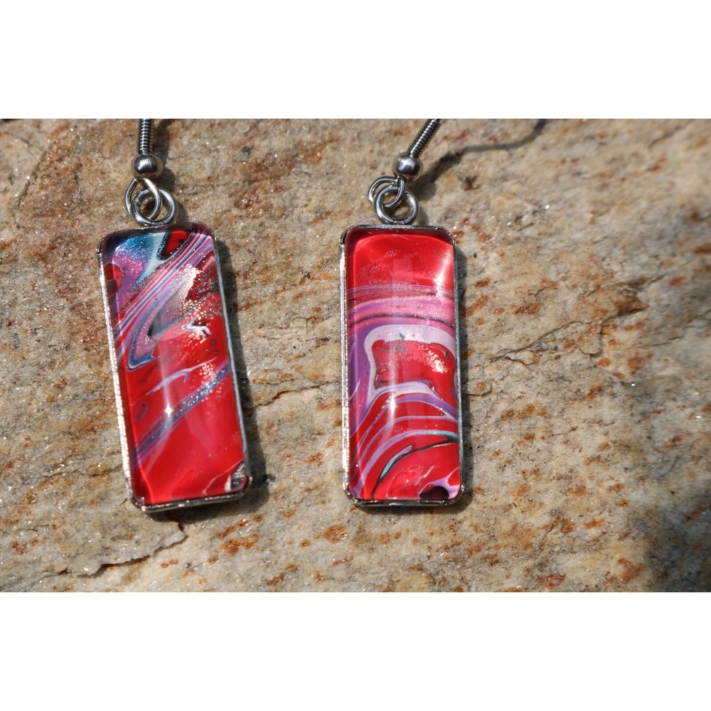 Handmade Earrings-Stainless Steel-Glass-Paint Drip-Paint Pour-Fluid Art